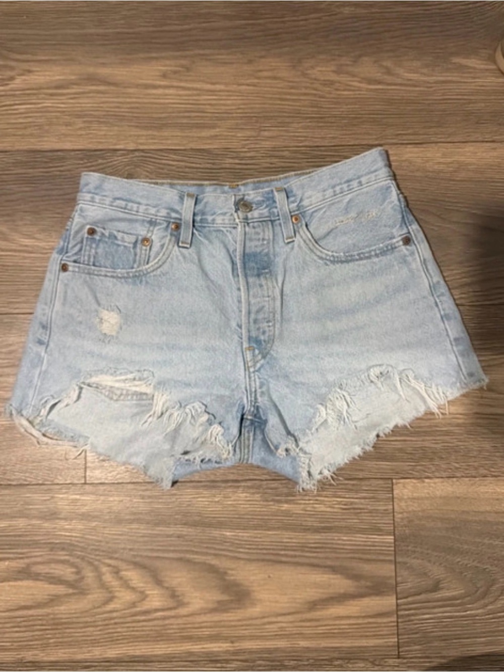 Levi's Light Blue Distressed High-Rise Denim Shorts